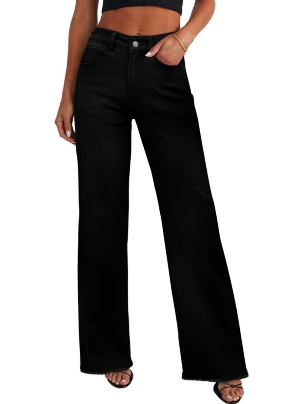 Women's Black Cotton Blend High Waisted Stretchy Trendy Denim Wide Leg Pant